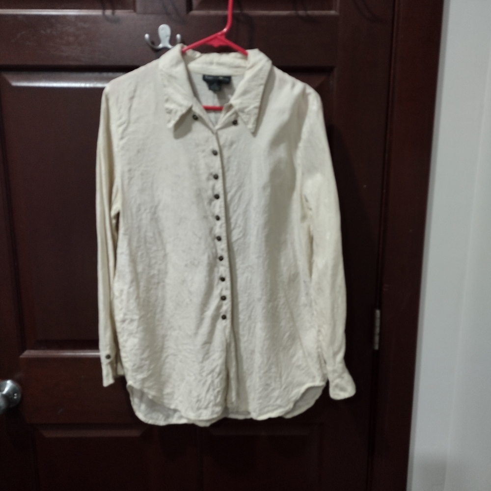 Francess & Rita 100% Silk Beige Long Sleeve Button Up Shirt Size 10